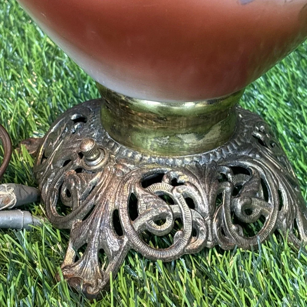 Vintage Floral Glass Electric Table Lamp –‎ Works, Cord Needs Repair